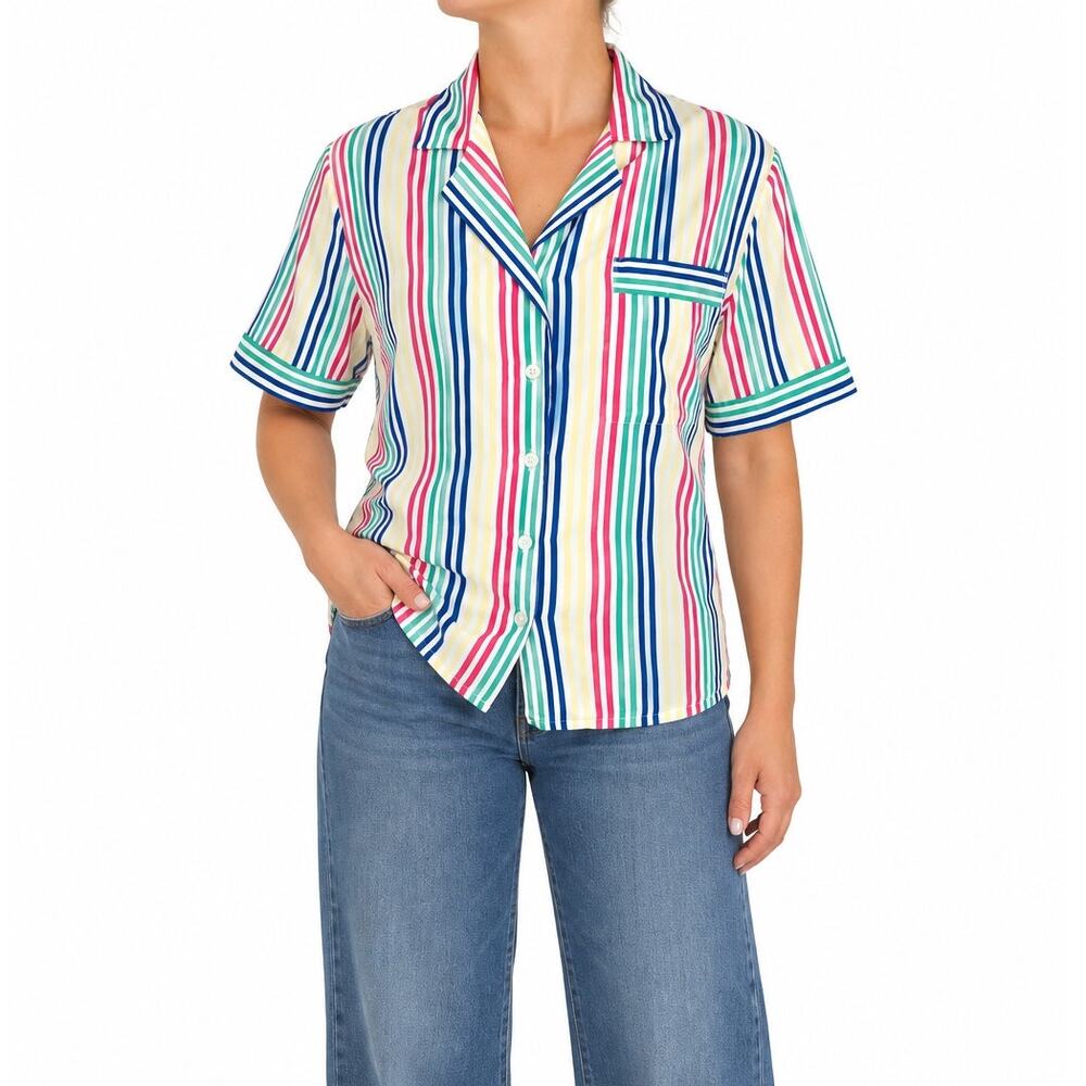 Bleyle 1980s Vintage Rainbow Candy Stripe Button Down Blouse Size 12 Large